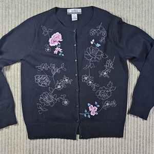 Vintage Nine & company Embroidered Flowers Cardigan Sweater Women's Black Med